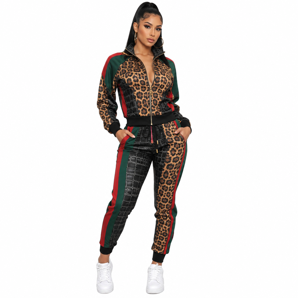 Ensemble 2 pièces femme imprimé léopard croco bandes latérales