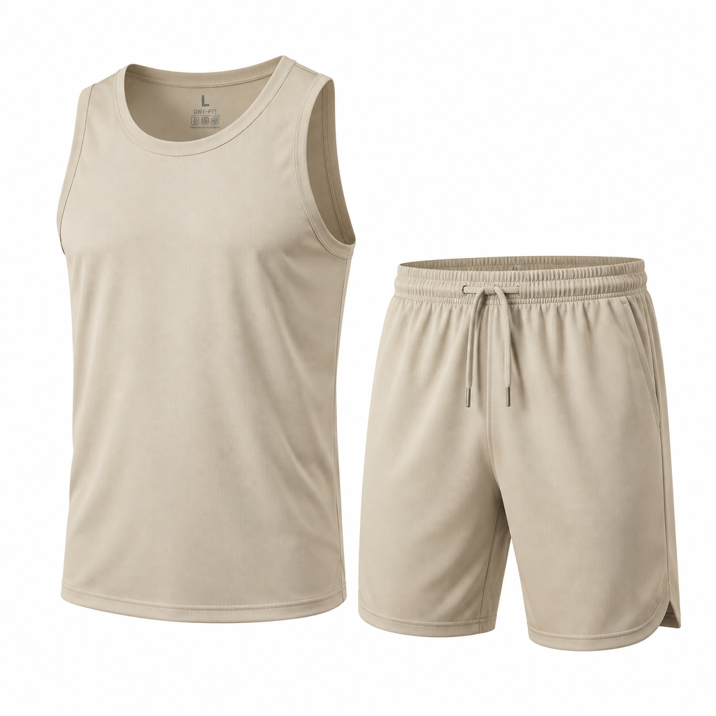 Ensemble sport homme 2 pièces débardeur short beige respirant basketball