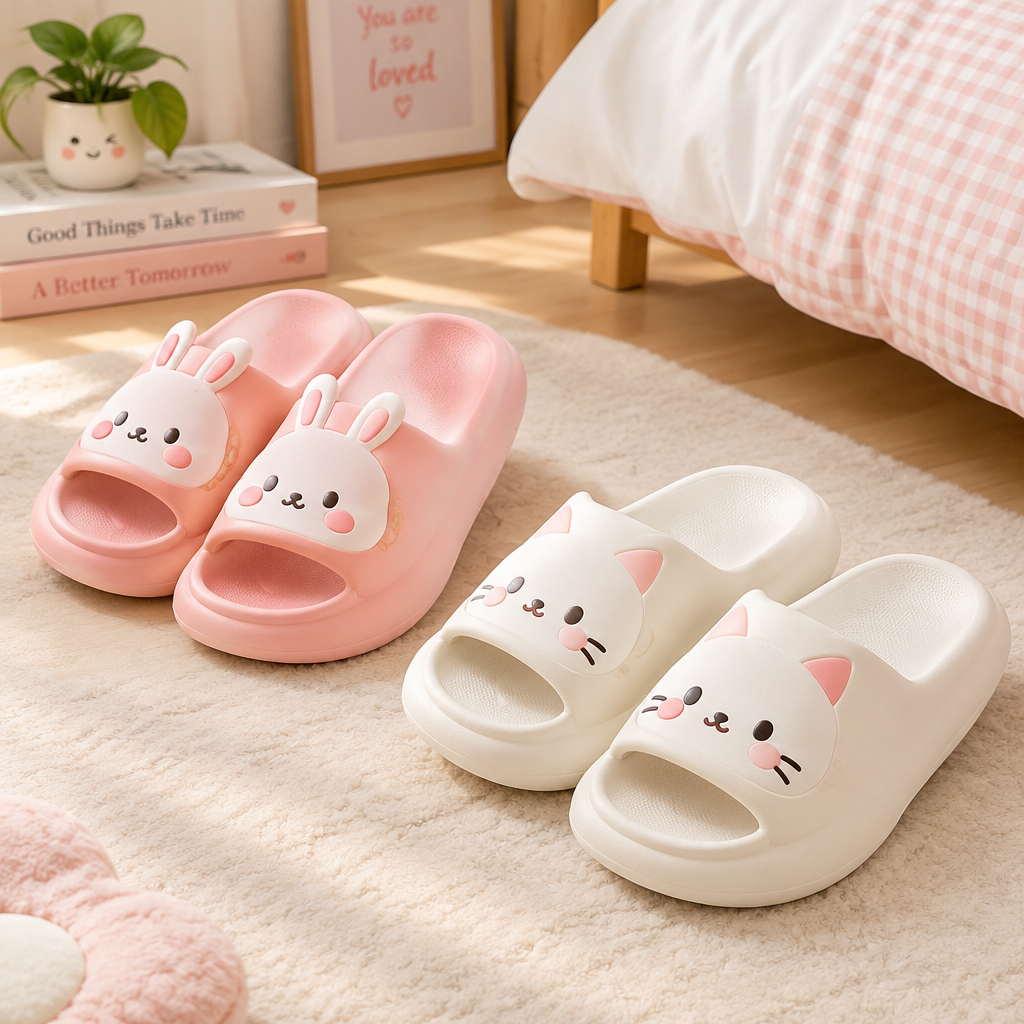 Chaussons EVA cartoon femme roses et blancs ambiance cozy