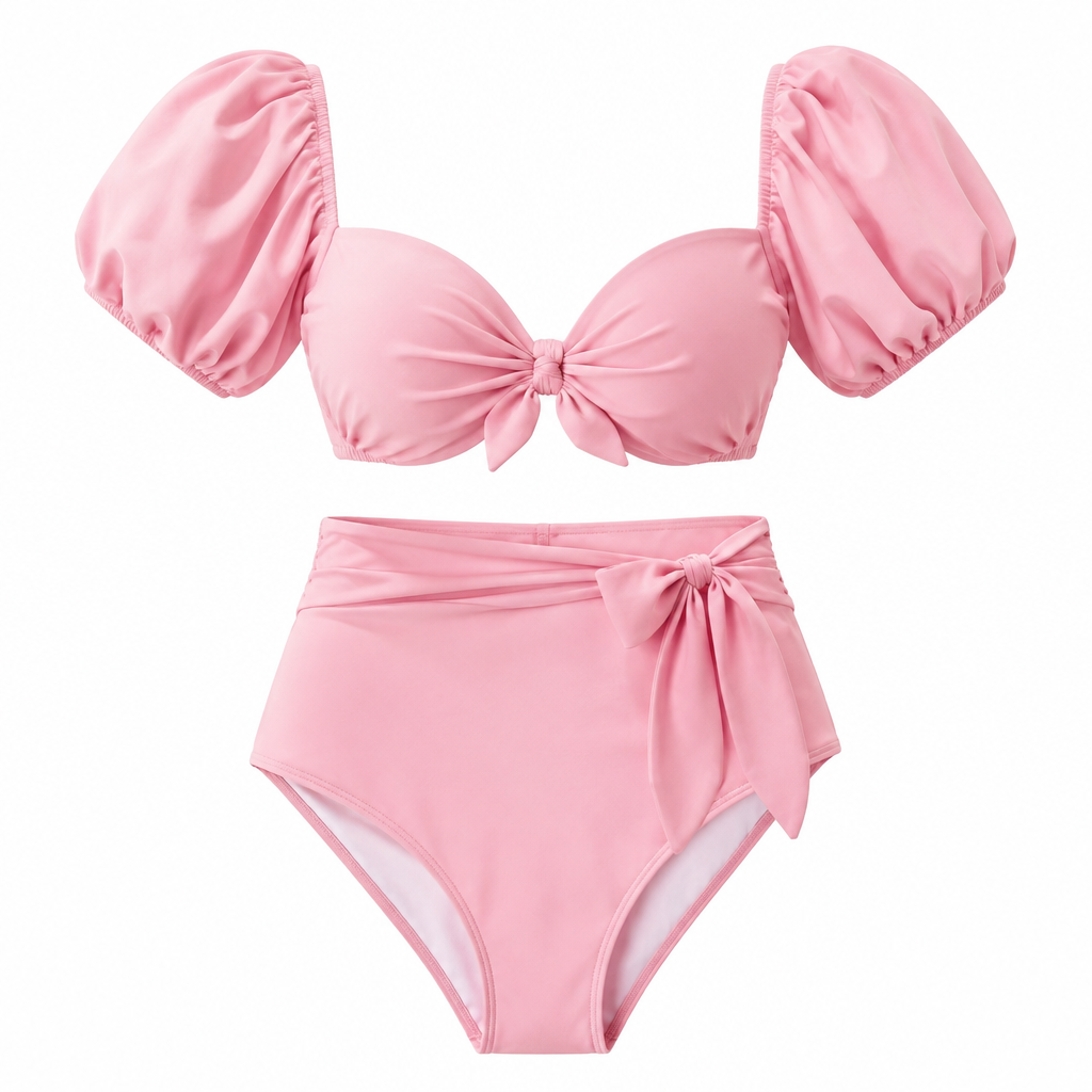 Bikini 2 pièces femme rose manches bulles taille haute nœud