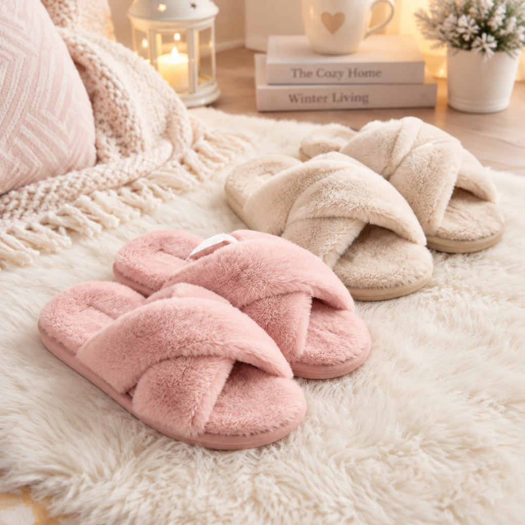 Chaussons peluche femme bride croisée bout ouvert roses et beige