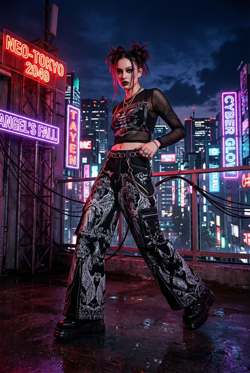 Pantalon Large Y2K – Néons rooftop urbain