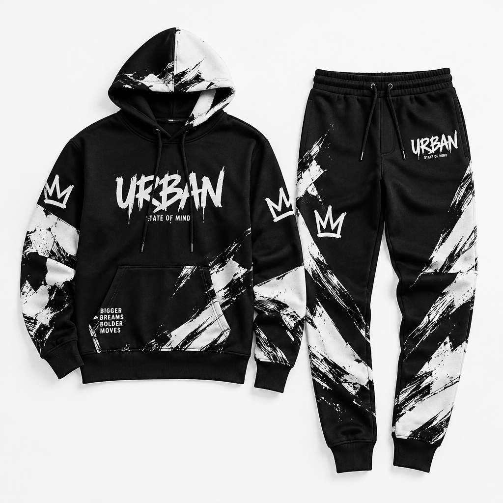 Survêtement homme imprimé hoodie pantalon jogging streetwear noir blanc