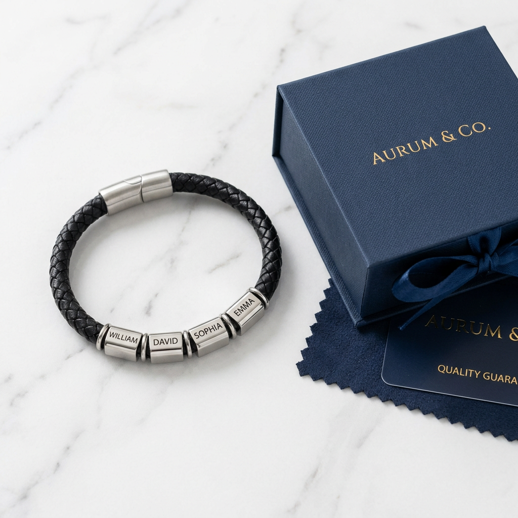 Bracelet homme personnalisable avec écrin cadeau sur marbre