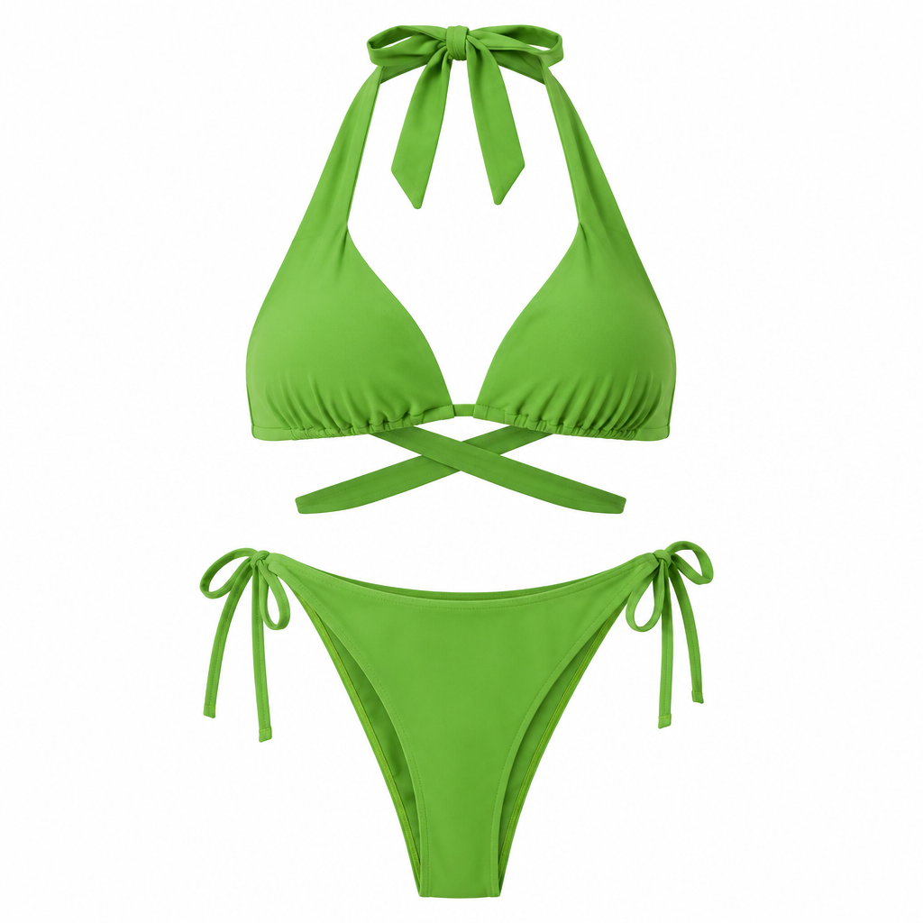 Bikini 2 pièces femme col halter dos croisé vert fruit