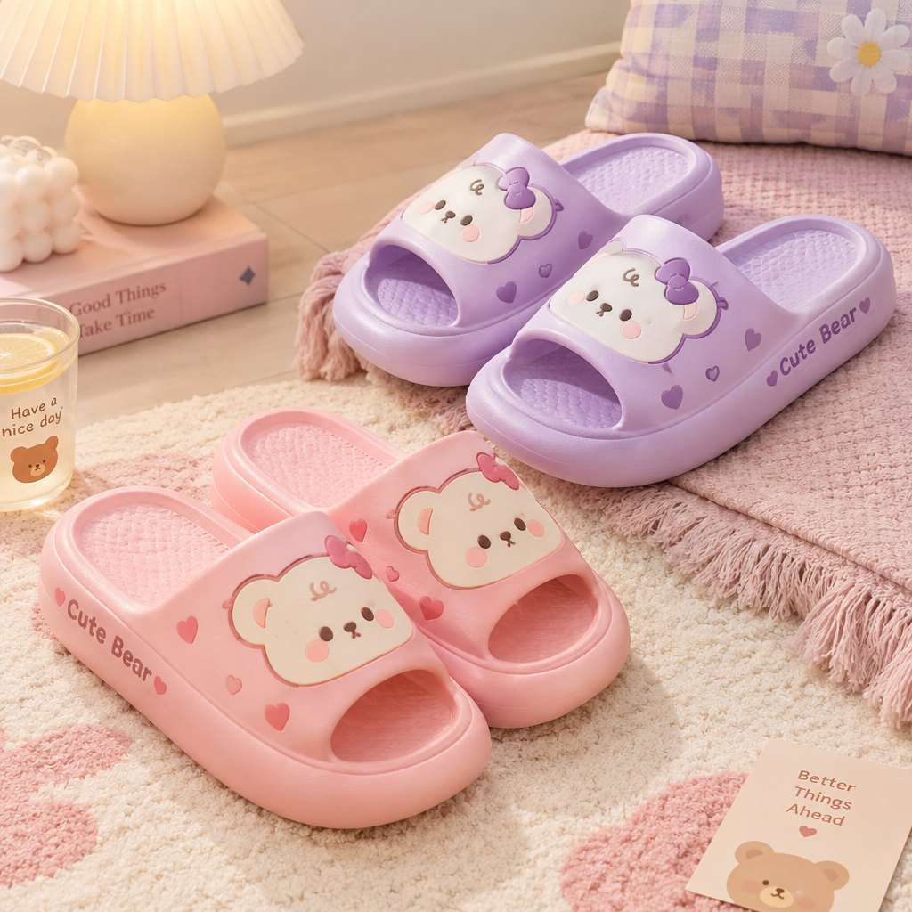 Chaussons cartoon ours femme kawaii roses et violets