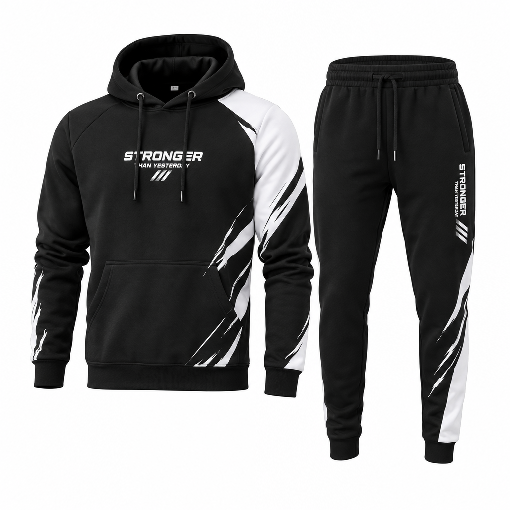 Survêtement homme imprimé hoodie pantalon jogging noir blanc sport casual