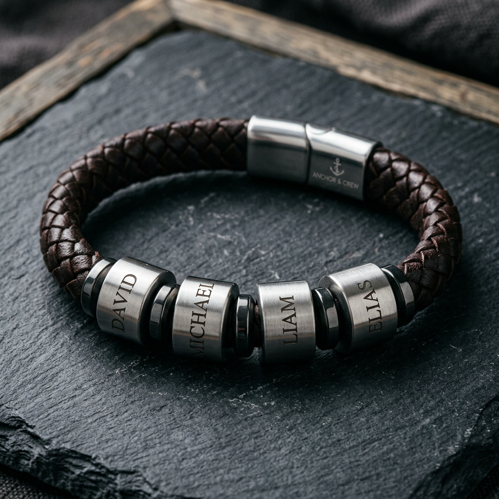 Bracelet homme tressé personnalisable acier inoxydable sur ardoise